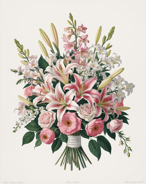 Romance in Bloom: Vintage French Bridal Bouquet Lithograph with Lilies & Roses