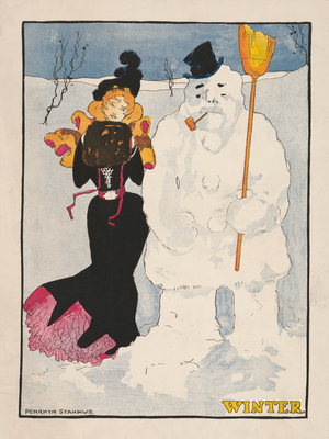 Chic Winter Woman with Frosty Winter Snowman - Vintage Fashion Print